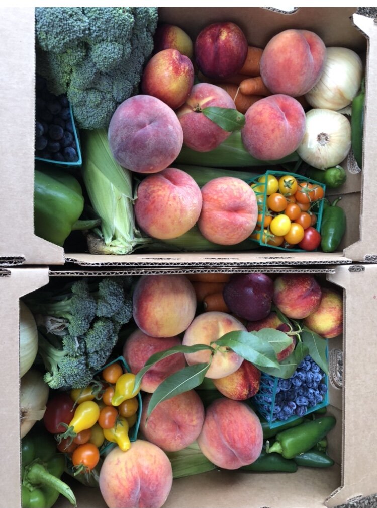 A variety of fresh fruits and vegetables arranged in two cardboard boxes, featuring peaches, blueberries, broccoli, bell peppers, corn, carrots, and cherry tomatoes, showcasing seasonal produce for a healthy diet.